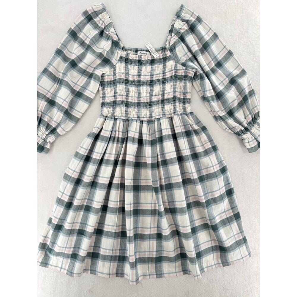Madewell Lucie Flannel Smocked Mini Dress Cream Blue Plaid Peasant M NWT - Picture 5 of 10